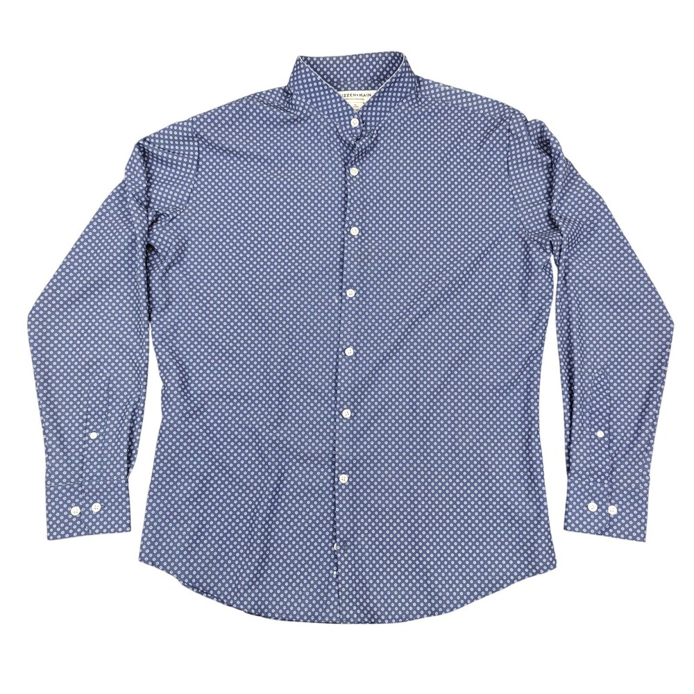 Mizzen Main Dress Shirt Mens Medium Blue Geometric Classic Fit Stretch